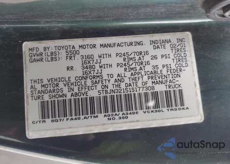 2001 Toyota Tundra из США, поврежденный, VIN 5TBJN32151S177308